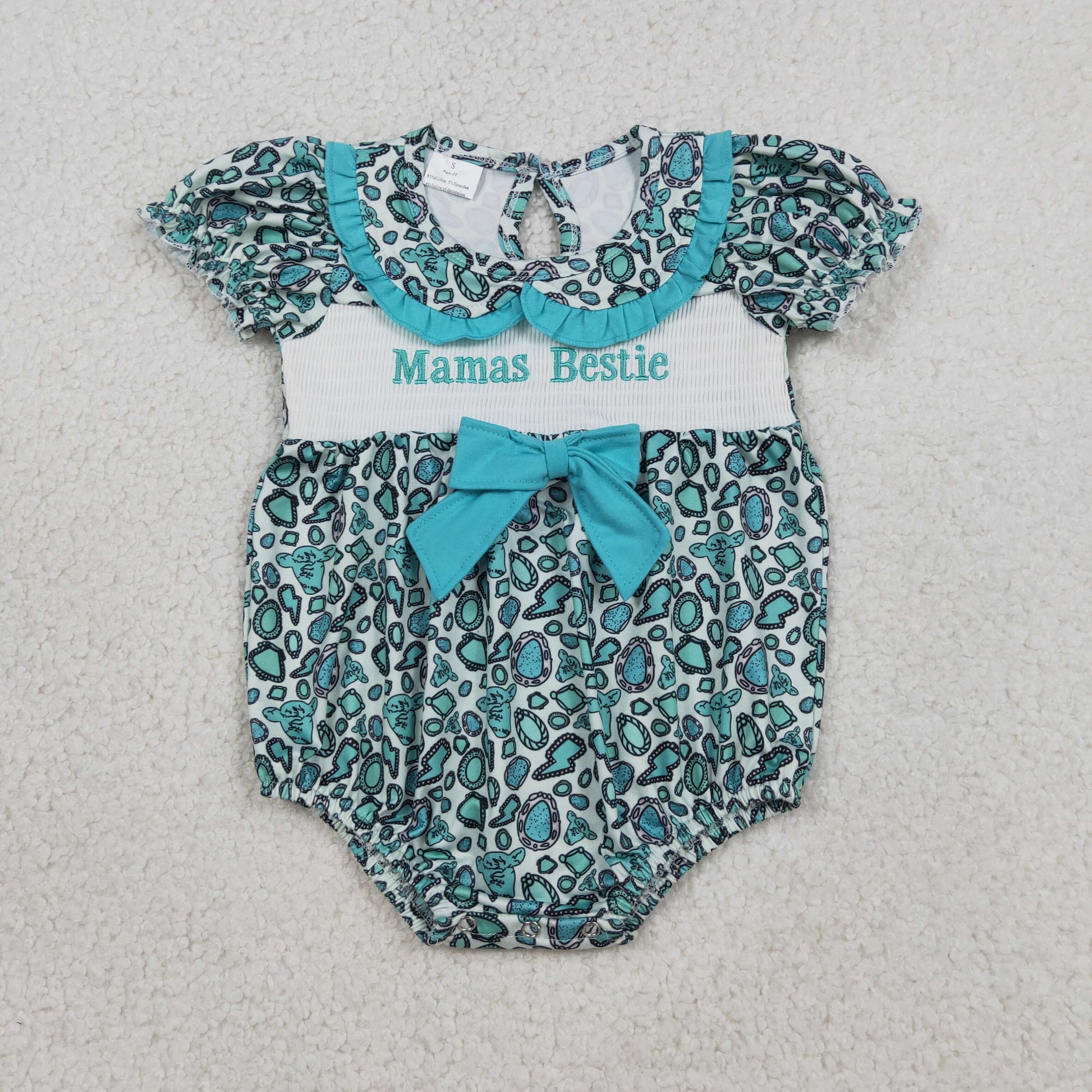 smocked baby romper with turquoise blue western design 