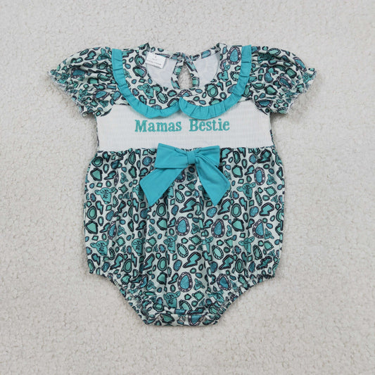 smocked baby romper with turquoise blue western design 