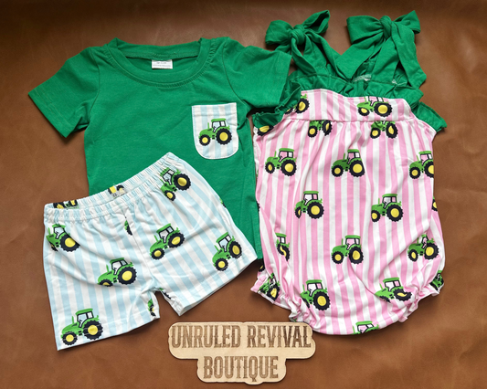 Pink striped romper with tractor and boys blue stripe tractor outfit