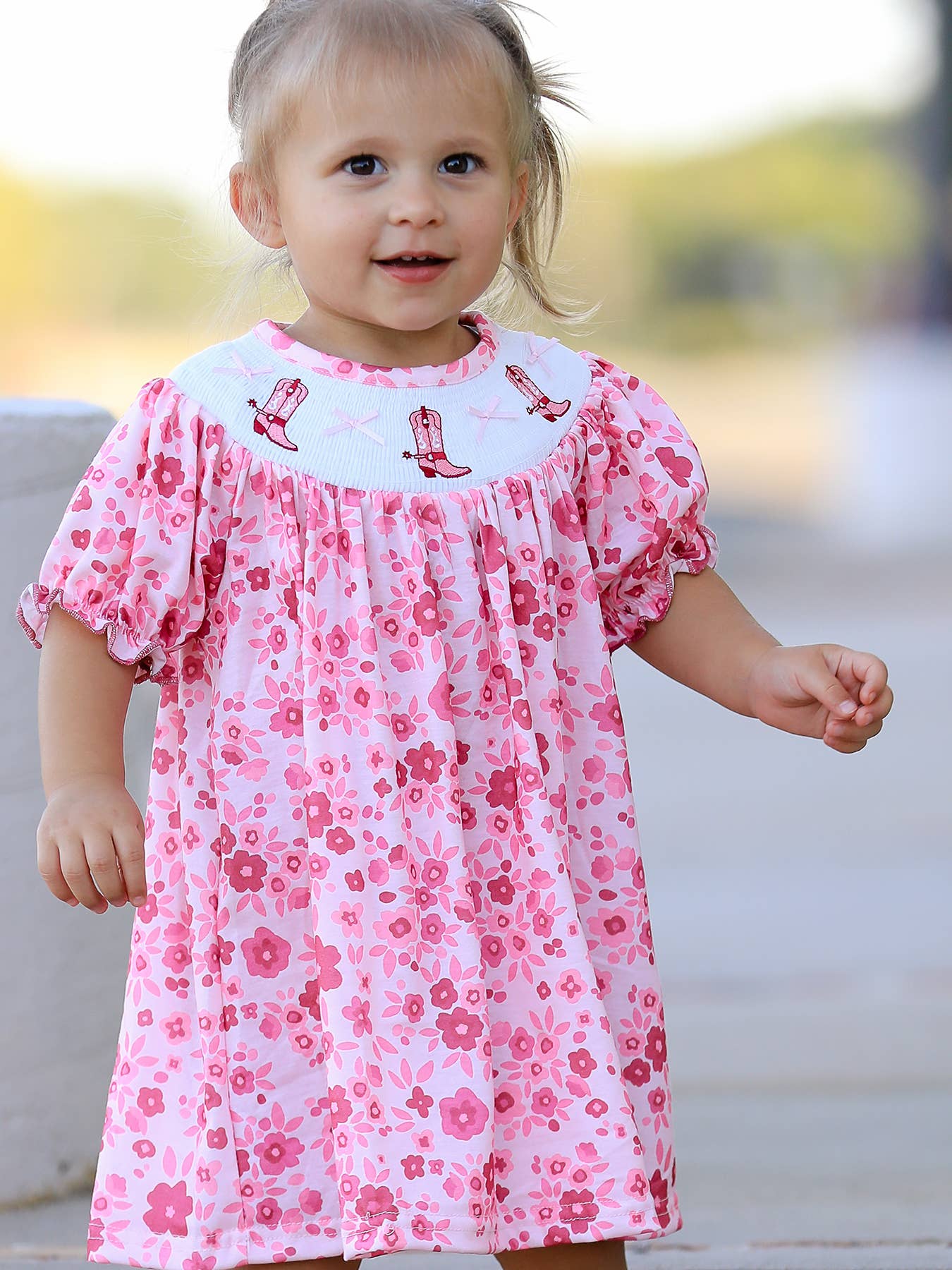 Boots Smocking Embroidered Short Sleeve Floral Dress