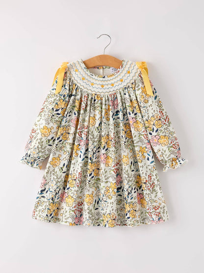 Embroidery Smocking Bow Floral Leaf Baby Girls Dress