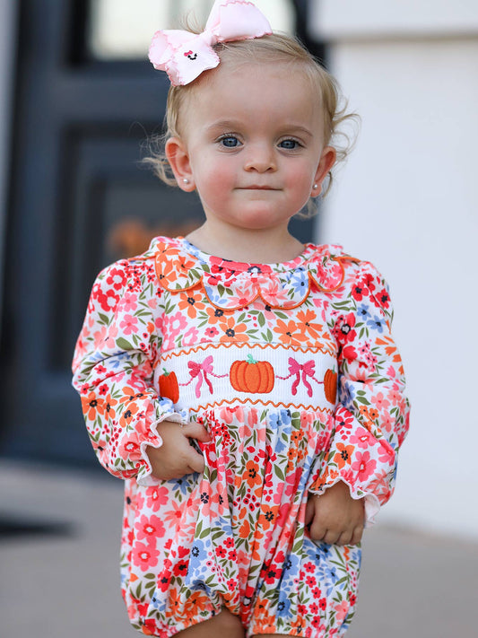 Halloween Pumpkin Bow Smock Embroidered Floral Baby Girl Romper