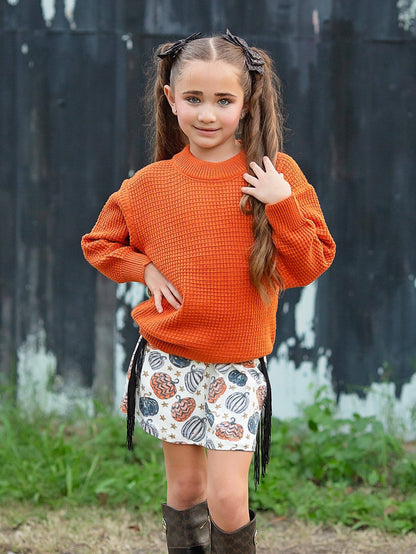 Pumpkin Sweater & Fringe Skirt Set