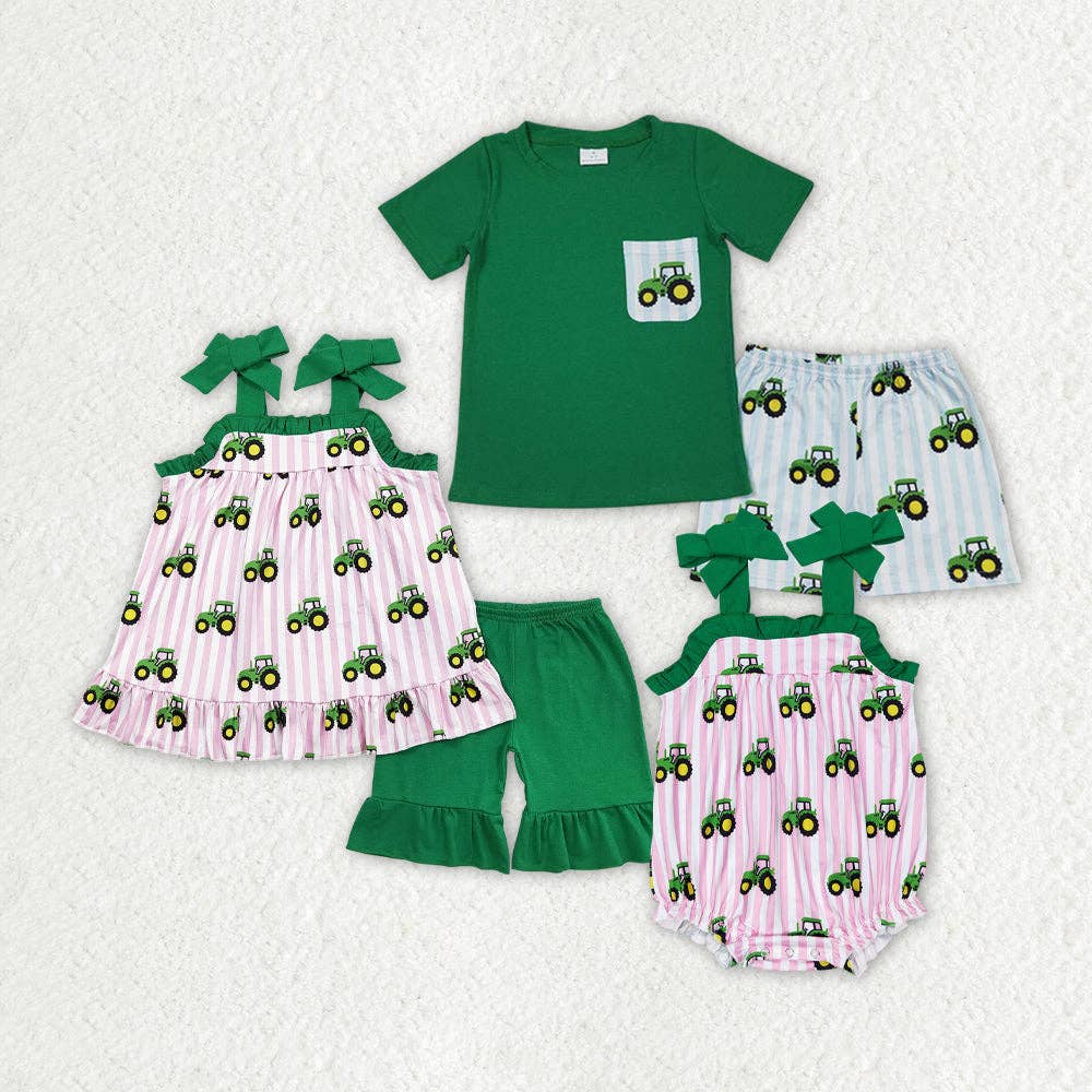 Tractor sibling outfits | girls romper | boys short set