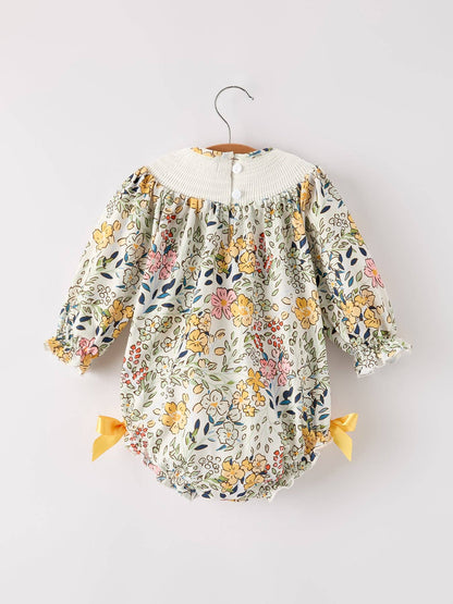 Embroidery Smocking Bow Floral Leaf Baby Girls Romper