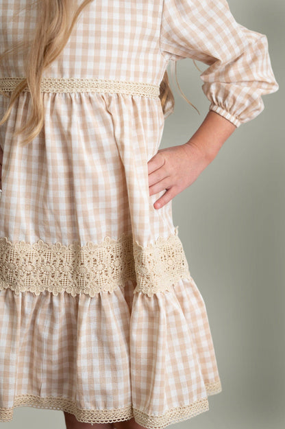 Gingham & Vintage Lace Puff Sleeve Tiered Dress *PREORDER*
