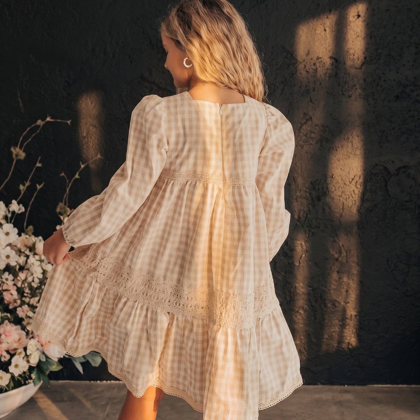 Gingham & Vintage Lace Puff Sleeve Tiered Dress *PREORDER*