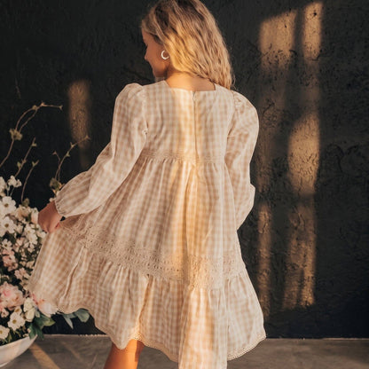 Gingham & Vintage Lace Puff Sleeve Tiered Dress *PREORDER*