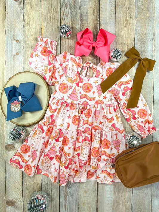Pink Western Santa Holiday Twirl Dress