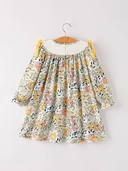 Embroidery Smocking Bow Floral Leaf Baby Girls Dress