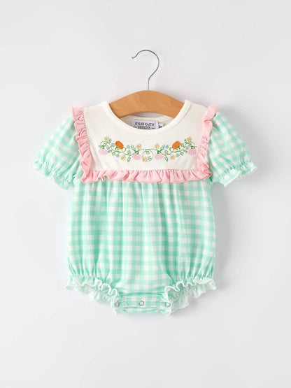 Thanksgiving Day Fall Pumpkin Flowers Embroidered Check Girls Romper