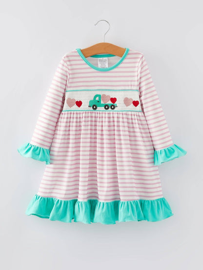 Pink stripe dress with blue ruffles, smocked heart and truck design