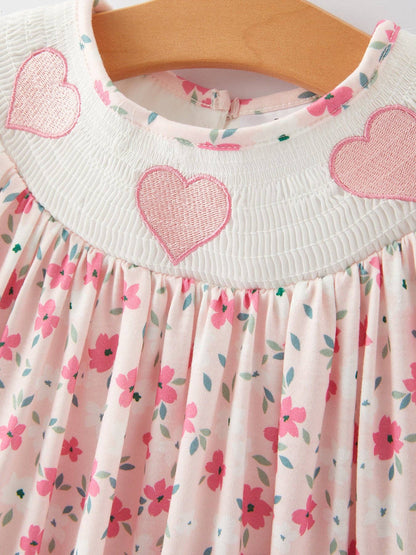 Heart Smocking Embroidery Short Sleeve Girls Dress