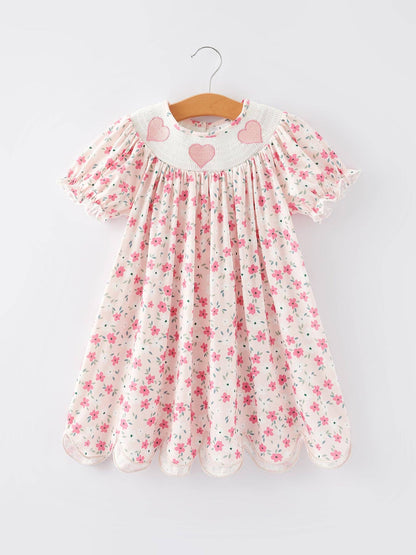 Heart Smocking Embroidery Short Sleeve Girls Dress