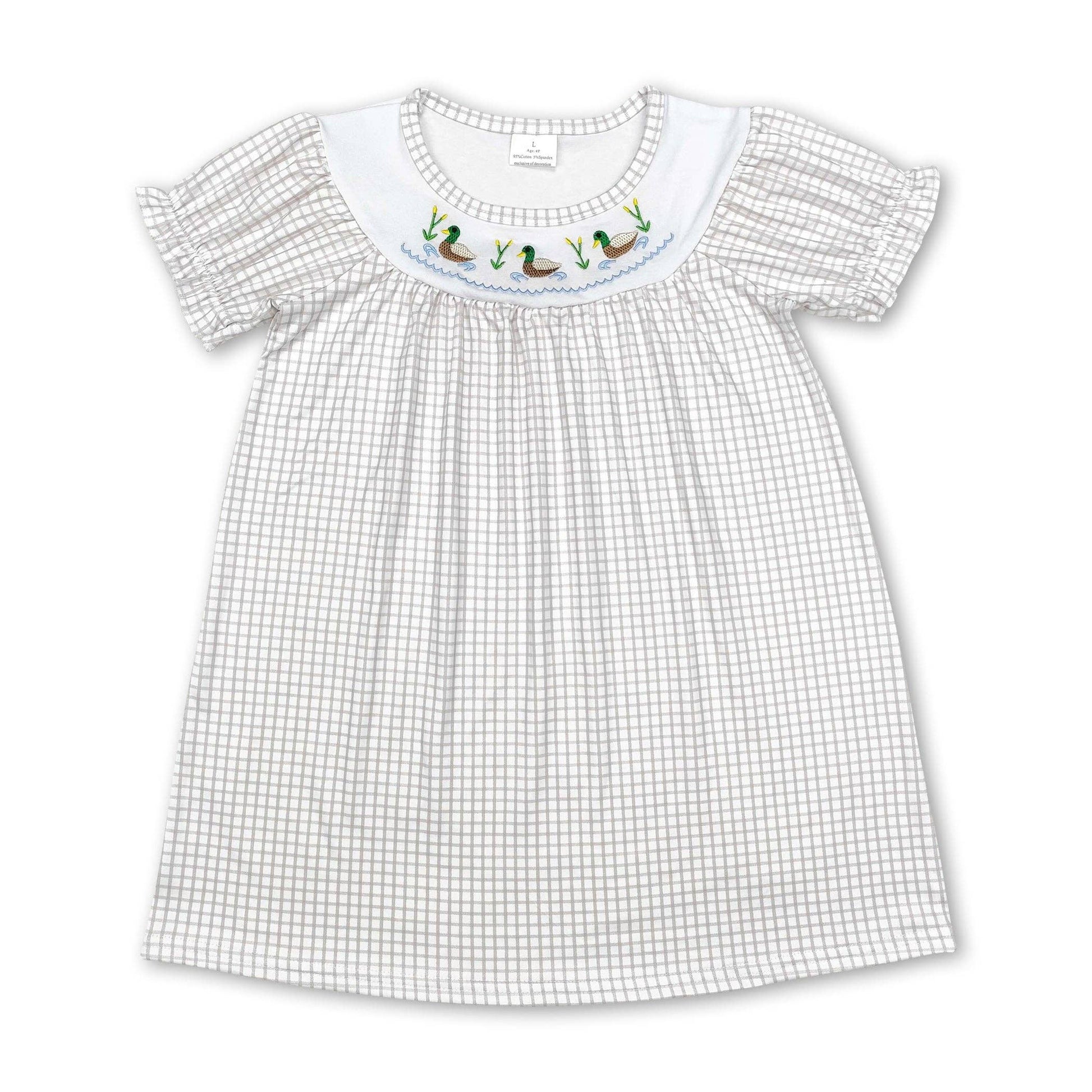 childrens boutique style tan gingham dress with mallard design, 