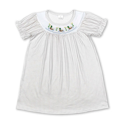 childrens boutique style tan gingham dress with mallard design, 