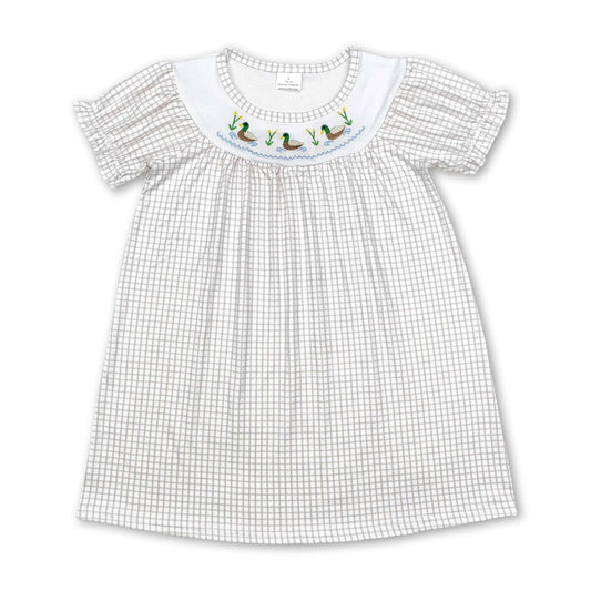 childrens boutique style tan gingham dress with mallard design, 