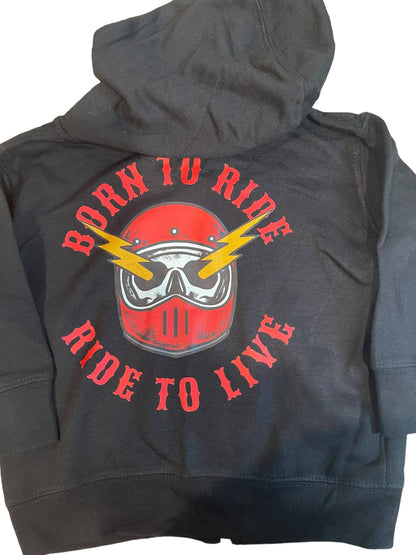Black hoodie with a graphic design on the back featuring a helmet and text.