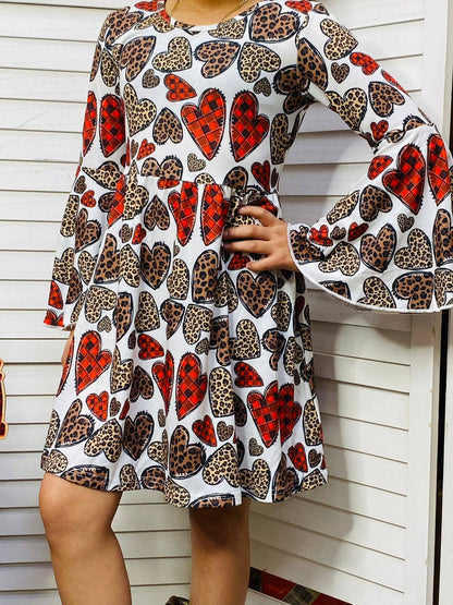 kids valentine dress with hearts and animal print, bell sleeve