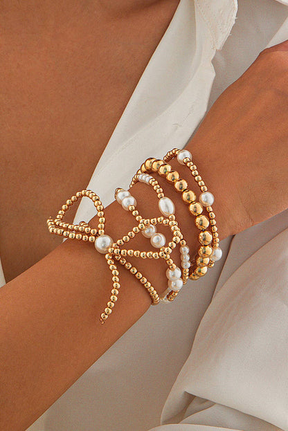 Bow Knot Pearl Beaded Multi Layered Bracelet Set