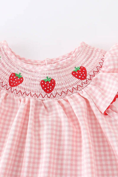Strawberry Embroidered Plaid Smocked Dress