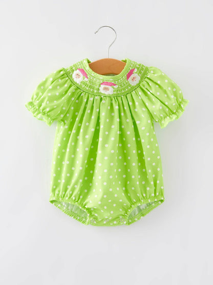 Christmas Green Smocking Embroidered Girls Romper