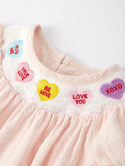 Baby Girls Letters Heart Smocking Embroidered Stripes Romper