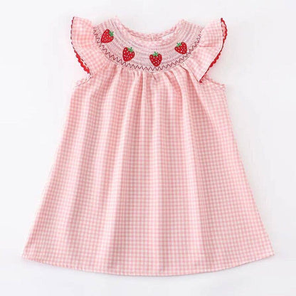 Strawberry Embroidered Plaid Smocked Dress