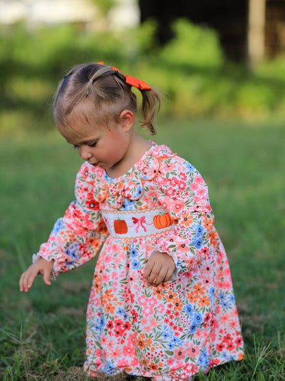 Halloween Pumpkin Bow Smock Embroidered Floral Dress