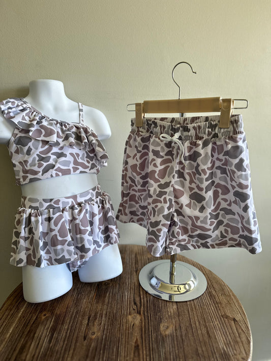 Childrens light grey camo swim wear- boys swim trunks and girls two piece swim suit